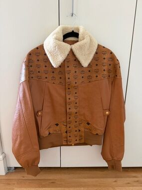 MCM Cognac Brown Leather Bomber Jacket with Shearling Collar